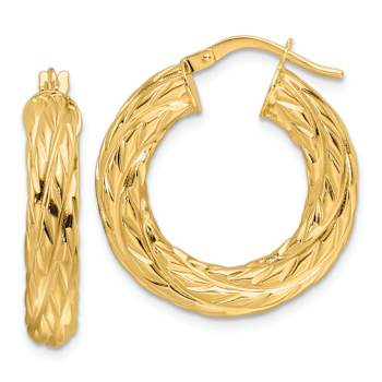 14k Yellow Gold 1/1" Polished Woven Textured Round Hoop Earrings