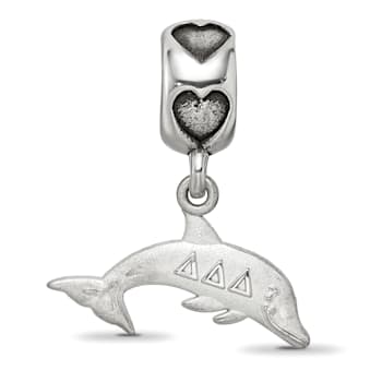 Rhodium Over Sterling Silver LogoArt Delta Delta Delta Dolphin on Heart Bead