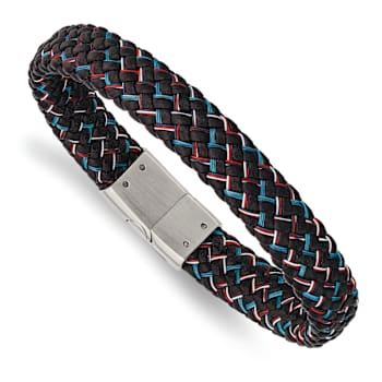 Stainless Steel Polished Black Leather with Multi-color Wire 8.25-inch Bracelet