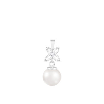 White Cultured Freshwater Pearl and Diamond 14K White Gold Pendant 7-7.5mm