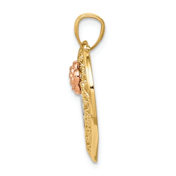 14K Tri-color Gold Diamond-Cut MOM in Heart with Rose Pendant