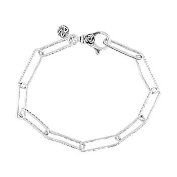 Textured Paperclip Bracelet With Rose Detail In Sterling Silver