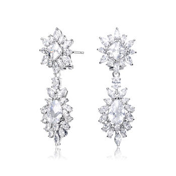 Oval CZ Double Halo Cluster Dangle Earrings In Sterling Silver
