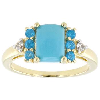 Turquoise, Neon Apatite And White Zircon Ring In 18K Gold Over Sterling
Silver 0.40ctw