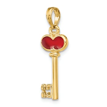 14k Yellow Gold Polished 3D Red Enameled Heart Key Charm