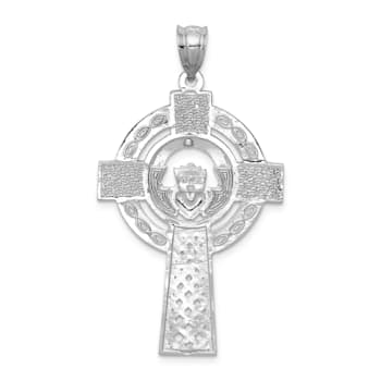 Rhodium Over 14K White Gold Celtic Claddagh Cross Pendant