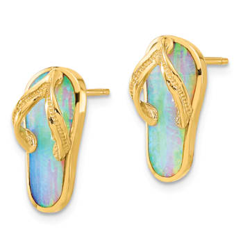14k Yellow Gold Polished and Textured with Lab Created White Opal Flip
Flop Stud Earrings