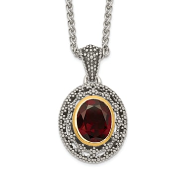 Sterling Silver Antiqued with 14K Accent Garnet Oval Necklace