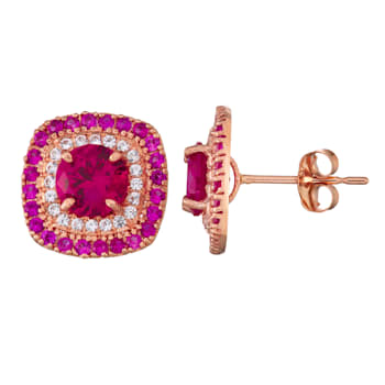 Lab Created Ruby 10K Rose Gold Double Halo Earrings 1.78ctw