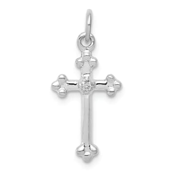 Rhodium Over 14K White Gold Small Diamond Budded Cross Pendant
