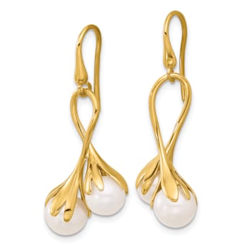 14K Yellow Gold Freshwater Cultured Pearl with Ribbon Shape Dangle Earrings