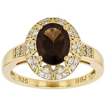 Smoky Quartz, Champagne Diamond And White Zircon Ring In 18K Gold Over
Sterling Silver 1.80ctw