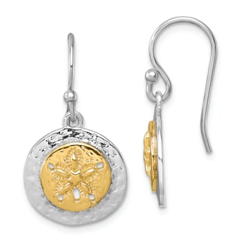 Rhodium Over Sterling Silver Two-tone Textured Sand Dollar Dangle Earrings