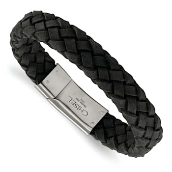 Black Leather and Stainless Steel Brushed 8.25-inch Bracelet