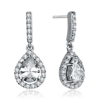 CZ Teardrop Halo Drop Earrings In Sterling Silver