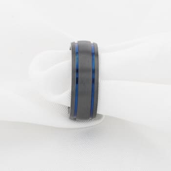 SHERIFF Domed Black Titanium Brushed Finish Men’s Wedding Ring with Blue
Grooves 8mm