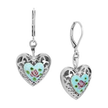 Textured Heart Floral Enamel Center Leverback Earrings
