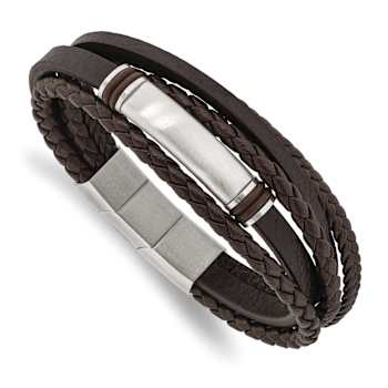 Brown Rubber and Stainless Steel Brushed 8-inch with 0.5-inch Extension Bracelet