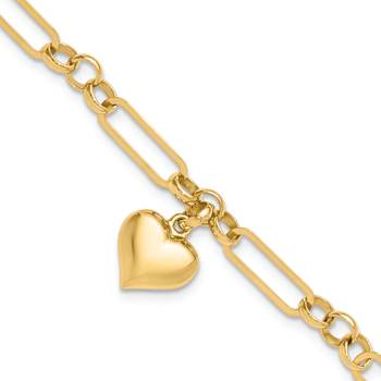 14k Yellow Gold Polished Heart Charm Link Bracelet