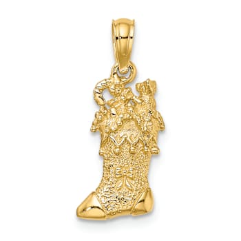 14k Yellow Gold Solid 3D Polished and Textured Christmas Stocking Pendant