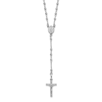 Rhodium Over 14K White Gold Polished Faceted Beads Rosary 18-inch Necklace