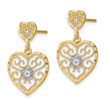 14k Yellow Gold and Rhodium Over 14k Yellow Gold Diamond-cut Heart
Beaded Filigree Dangle Earrings