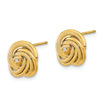 14k Yellow Gold Polished and Textured Cubic Zirconia Love Knot Stud Earrings