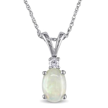 Opal & Diamond 10K White Gold Pendant With Chain 0.49ctw
