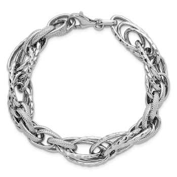 Rhodium Over Sterling Silver Polished and Textured Fancy Link Bracelet