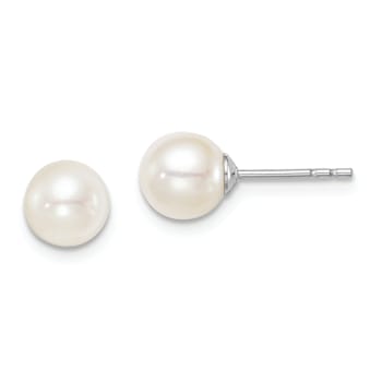 Rhodium Over Sterling Silver 6-7mm White Round FWC Pearl Stud Earrings