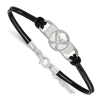 Rhodium Over Sterling Silver NHL LogoArt Buffalo Sabres Leather Bracelet