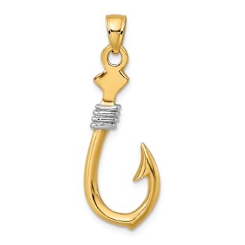 14K Two-tone Gold  3D Fish Hook with Rope Charm