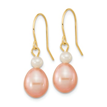 14K Yellow Gold 7-8mm White/Pink Round/Rice Freshwater Cultured Pearl
Dangle Earrings