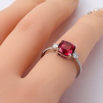 Red Lab Created Ruby Rhodium Over Sterling Silver 3-Stone Ring
