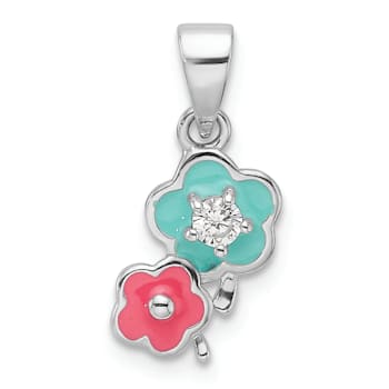 Rhodium Over Sterling Silver Blue and Pink Enamel with Cubic Zirconia
Floral Children's Pendant