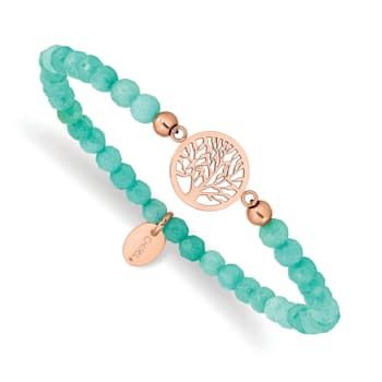 Stainless Steel Rose Gold Tree of Life Mint Green Jade Stretch Bracelet