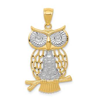 14K Two-tone Gold Diamond-cut Polished Moveable Owl Pendant