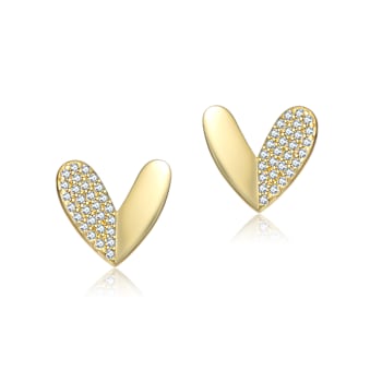 Pave CZ Heart Stud Earrings In 14K Gold Over Sterling Silver