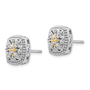 Sterling Silver Rhodium-plated with 14K Accent Diamond Post Earrings