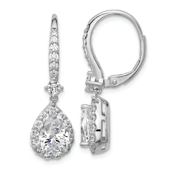 Rhodium Over Sterling Silver Pear Cubic Zirconia Halo Dangle Leverback Earrings