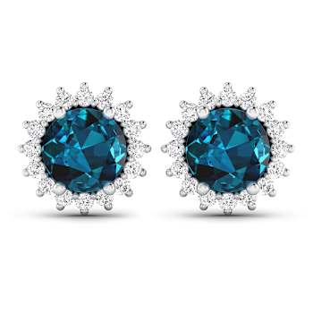 1.60ctw 14K White Gold London Blue Topaz  Topaz and White Diamond Halo Earrings