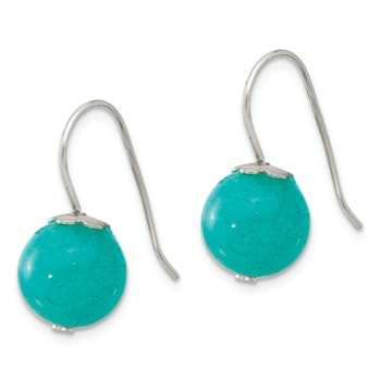 Sterling Silver Polished 10mm Round Teal Jadeite Dangle Earrings