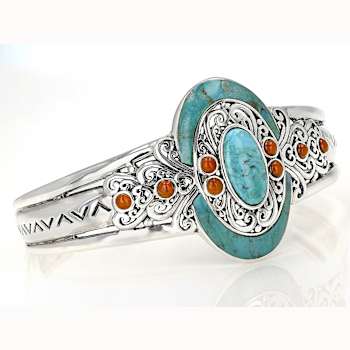 Turquoise And Coral Oxidized Cuff Bracelet In Sterling Silver 16x8mm