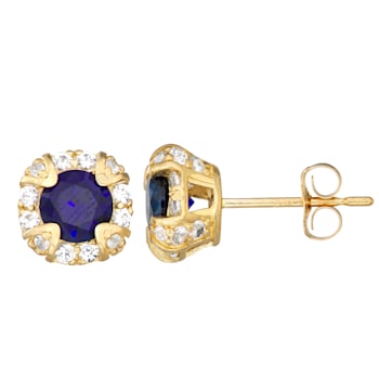 Round Lab Created Sapphire 10K Yellow Gold Stud Earrings 1.10ctw