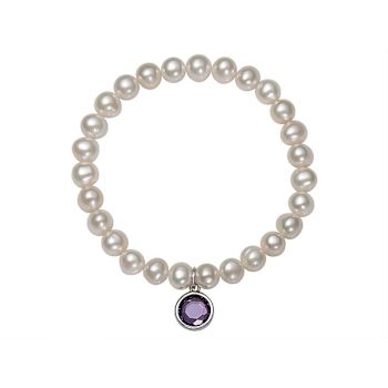 Freshwater Pearl And Purple CZ Charm Stretch Bracelet In Sterling Silver