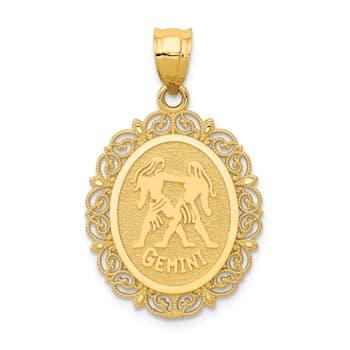 14k Yellow Gold Solid Satin, Polished and Textured Gemini Zodiac Oval Pendant