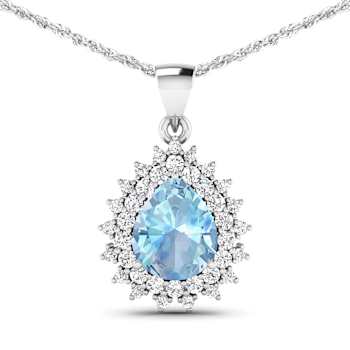 2.30ctw 14K White Gold Pear  Aquamarine and White Diamond Pendant with
18 inch Cable Chain