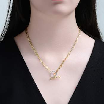 Pave CZ Paperclip Link Chain Necklace In 14K Gold Over Brass 16 Inch
