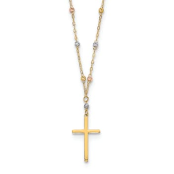 14K Yellow, White and Rose Gold Diamond-cut Beaded Polished Cross Necklace