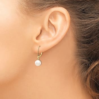 14K Yellow Gold 7-8mm White Round Freshwater Cultured Pearl Leverback Earrings